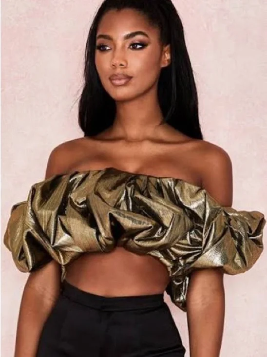 House of CB Metallic Gold Off-Shoulder Ruffle Crop Delphina Top - NWT - XS - Picture 2 of 11